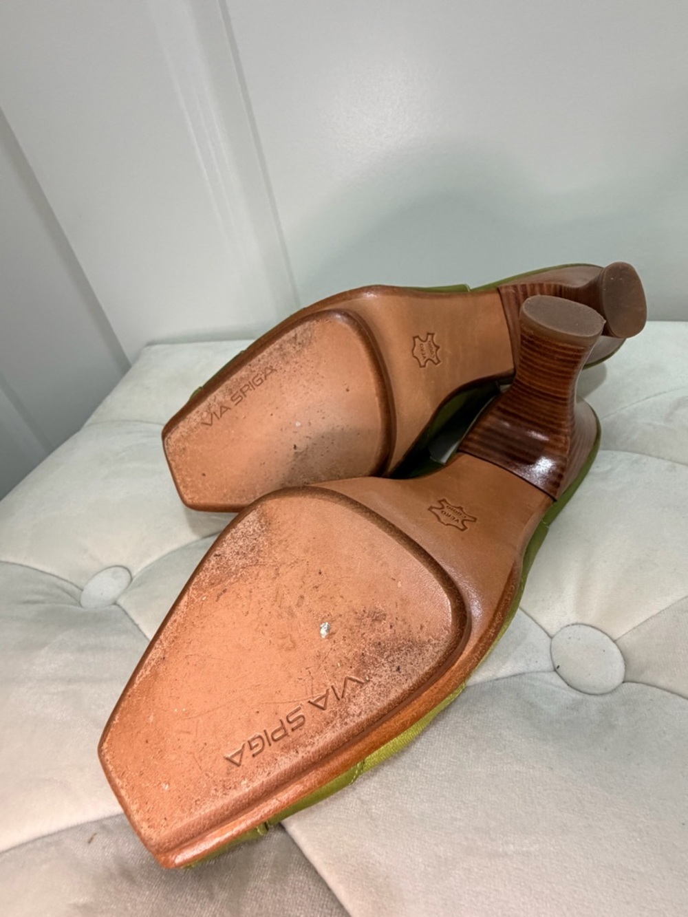 Via Spiga Green Satin Peep-Toe Slingback Heels - Picture 6 of 6